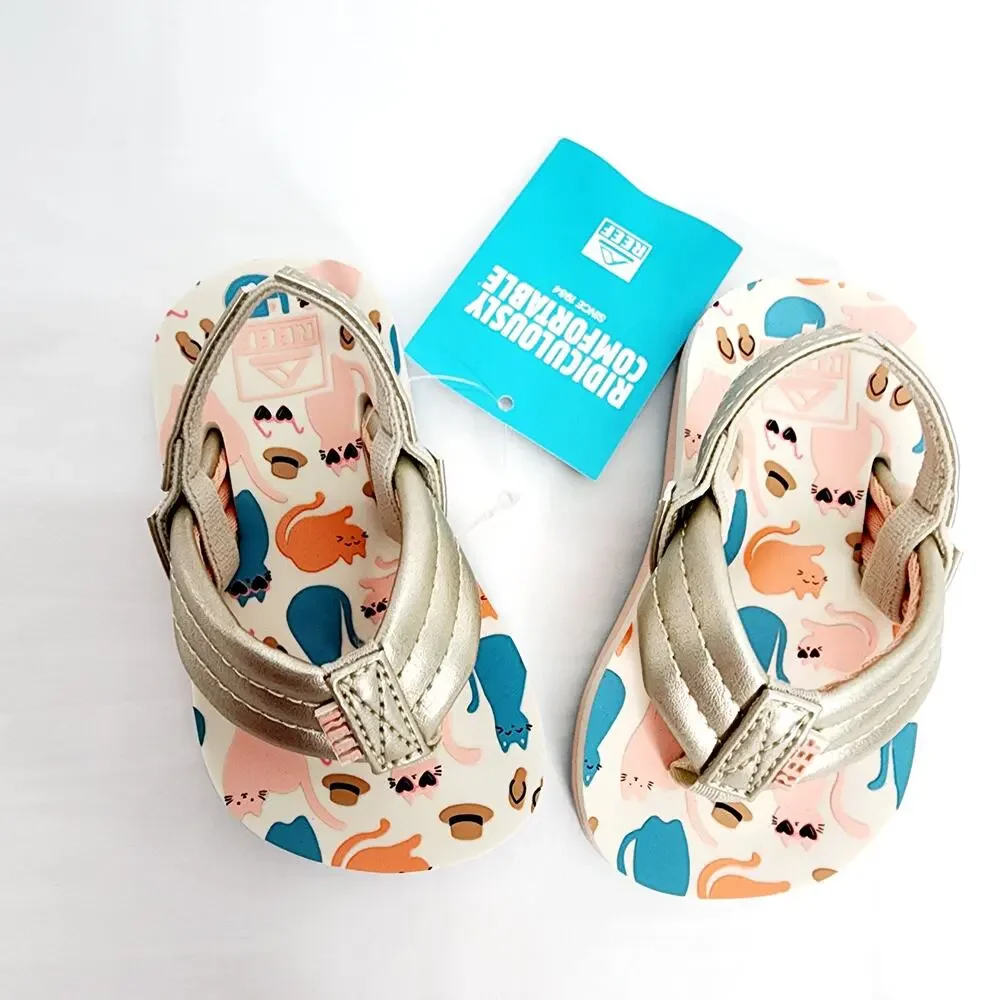 Reef Little Ahi Toddler Sandals Size 4 Gold Cat Print Slip On Summer Beach
